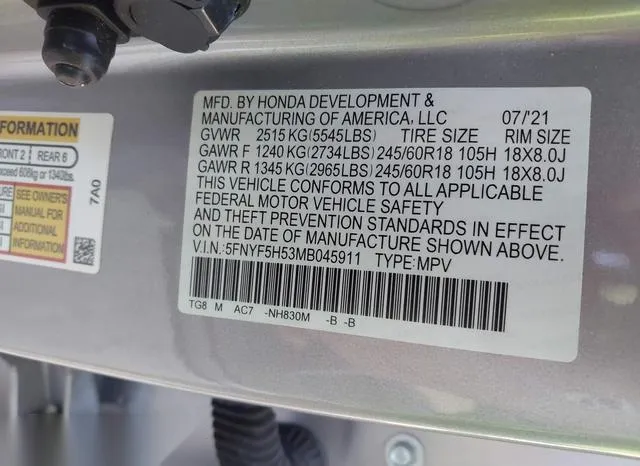 5FNYF5H53MB045911 2021 2021 Honda Pilot- 2Wd Ex-L 9