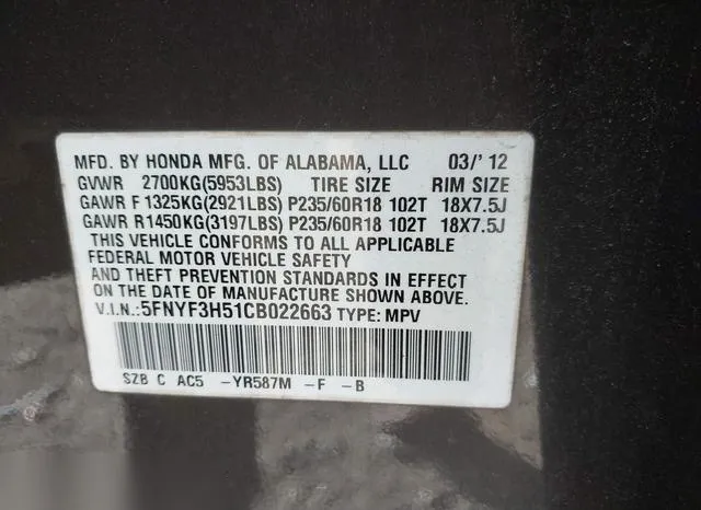 5FNYF3H51CB022663 2012 2012 Honda Pilot- Ex-L 9