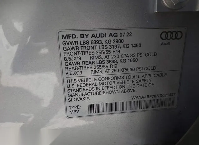 WA1AJBF70ND021457 2022 2022 Audi Q7- Premium 45 Tfsi Quattr 9