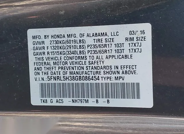 5FNRL5H38GB086454 2016 2016 Honda Odyssey- SE 9