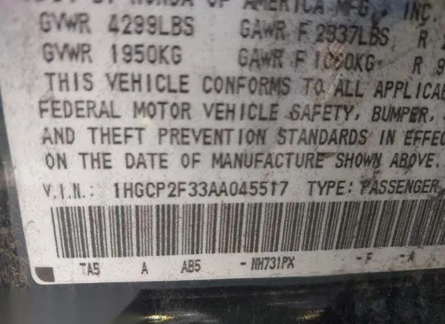 1HGCP2F33AA045517 2010 2010 Honda Accord- 2-4 LX 9