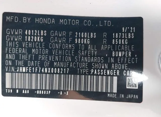 JHMFE1F74NX008217 2022 2022 Honda Civic- EX 9