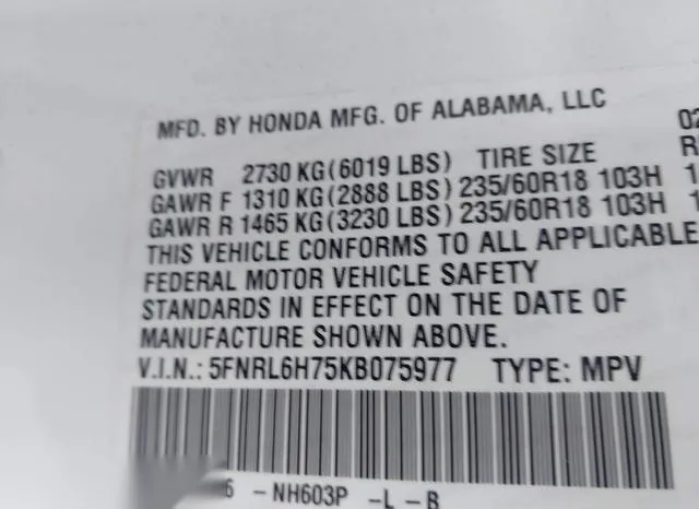 5FNRL6H75KB075977 2019 2019 Honda Odyssey- Ex-L 9