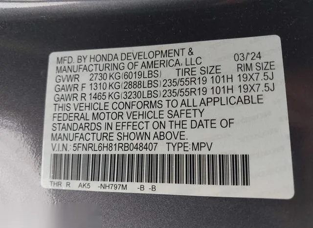 5FNRL6H81RB048407 2024 2024 Honda Odyssey- Touring 9