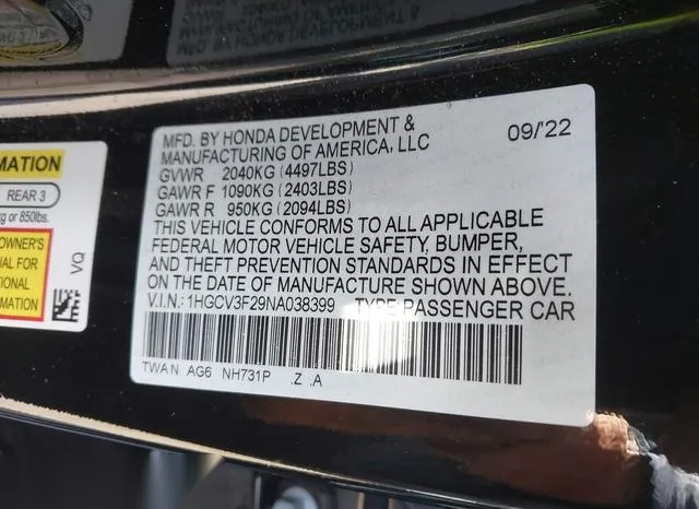 1HGCV3F29NA038399 2022 2022 Honda Accord- Hybrid Sport 9