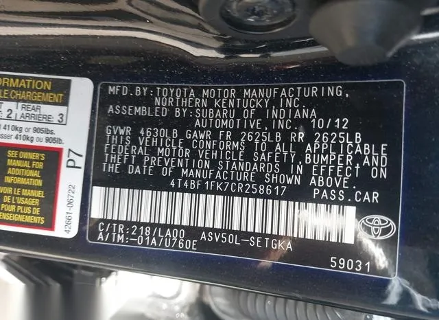 4T4BF1FK7CR258617 2012 2012 Toyota Camry- Xle 9