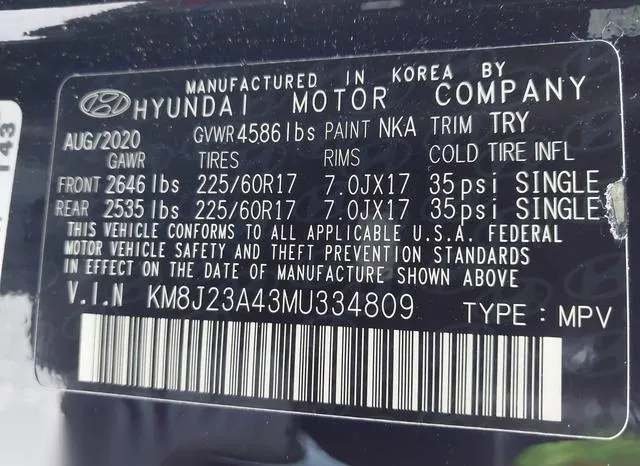 KM8J23A43MU334809 2021 2021 Hyundai Tucson- SE 9