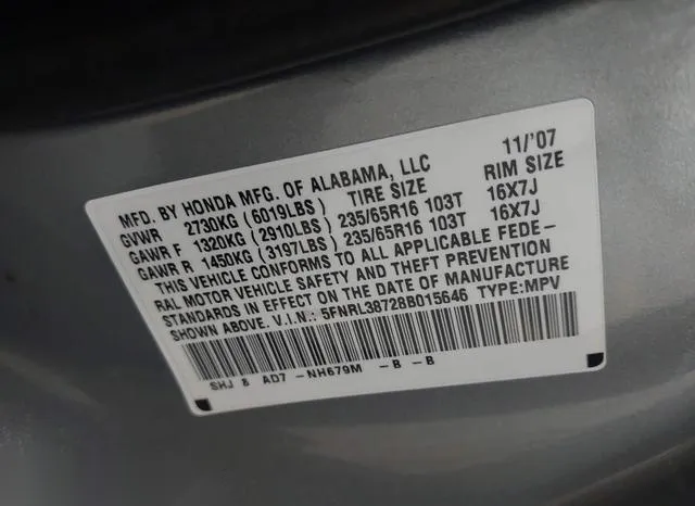 5FNRL38728B015646 2008 2008 Honda Odyssey- Ex-L 9