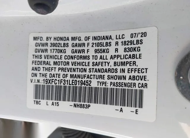 19XFC1F31LE019452 2020 2020 Honda Civic- EX 9