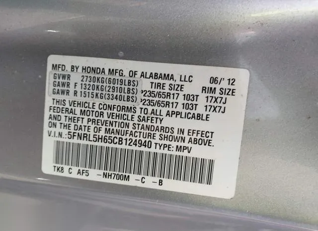 5FNRL5H65CB124940 2012 2012 Honda Odyssey- Ex-L 9