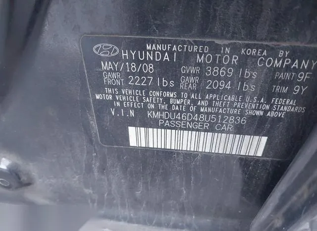 KMHDU46D48U512836 2008 2008 Hyundai Elantra- Gls/Se 9