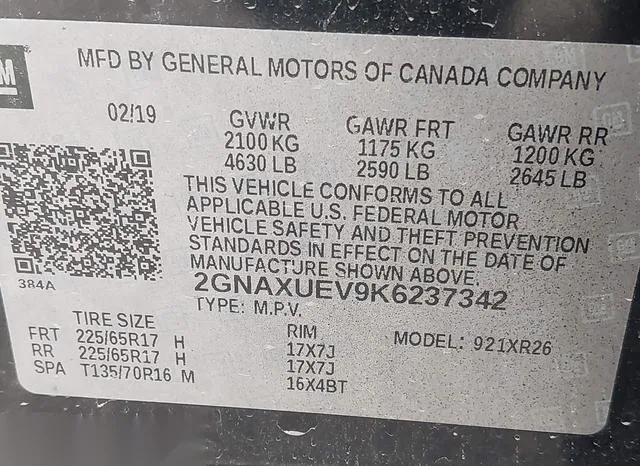 2GNAXUEV9K6237342 2019 2019 Chevrolet Equinox- LT 9