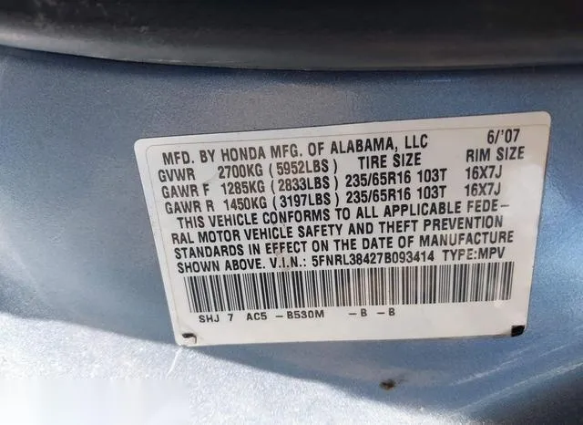 5FNRL38427B093414 2007 2007 Honda Odyssey- EX 9