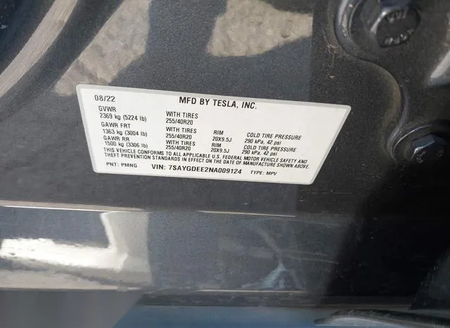 7SAYGDEE2NA009124 2022 2022 Tesla Model Y- Long Range Dual 9