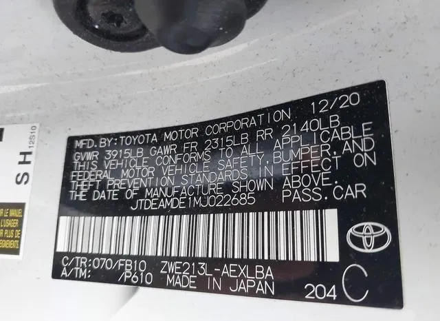 JTDEAMDE1MJ022685 2021 2021 Toyota Corolla- Hybrid Le 9