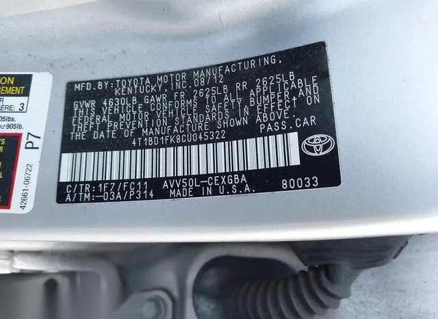 4T1BD1FK8CU045322 2012 2012 Toyota Camry- Hybrid Xle 9