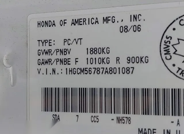 1HGCM56787A801087 2007 2007 Honda Accord- 2-4 EX 9