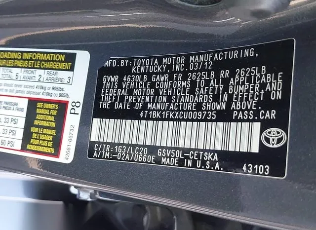 4T1BK1FKXCU009735 2012 2012 Toyota Camry- Se V6 9