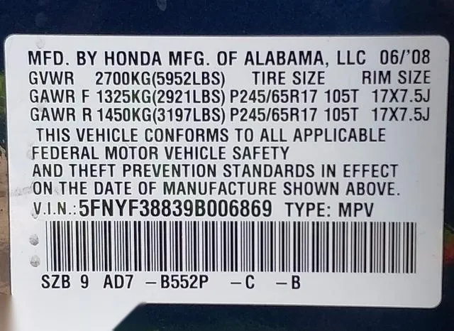 5FNYF38839B006869 2009 2009 Honda Pilot- Touring 9