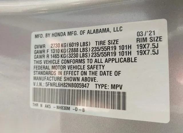 5FNRL6H82NB005947 2022 2022 Honda Odyssey- Touring 9