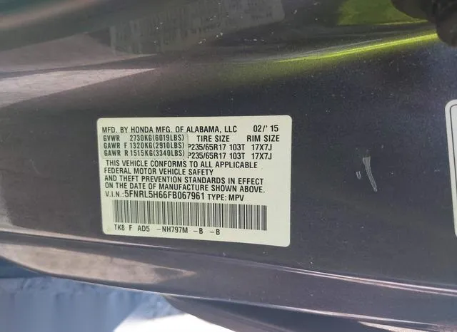 5FNRL5H66FB067961 2015 2015 Honda Odyssey- Ex-L 9