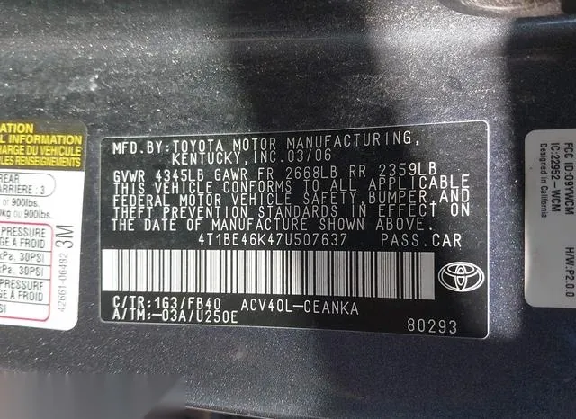 4T1BE46K47U507637 2007 2007 Toyota Camry- LE 9