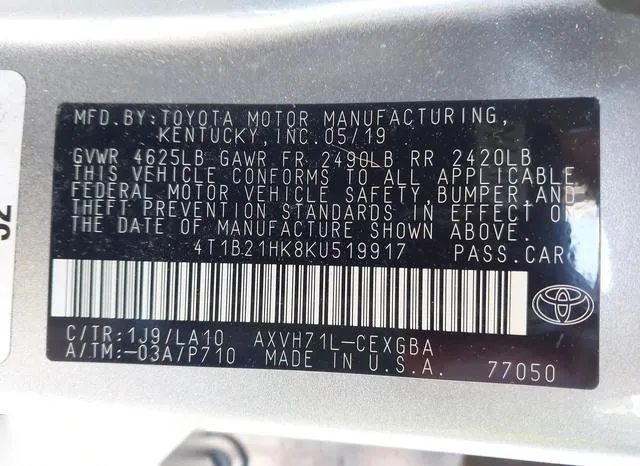 4T1B21HK8KU519917 2019 2019 Toyota Camry- Hybrid Xle 9