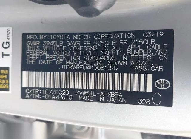 JTDKARFU4K3081347 2019 2019 Toyota Prius- L Eco 9