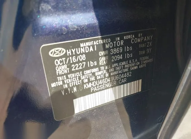 KMHDU46D49U604482 2009 2009 Hyundai Elantra- Gls 9