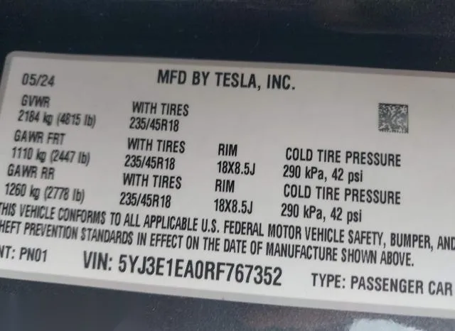 5YJ3E1EA0RF767352 2024 2024 Tesla Model 3- Rear-Wheel Drive 9