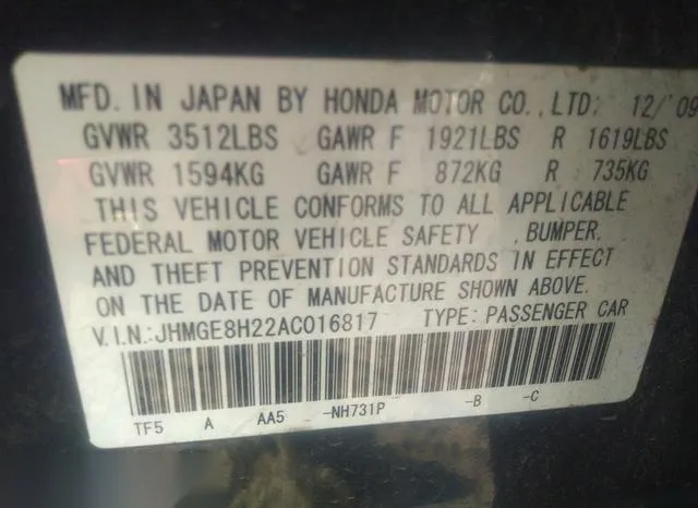 JHMGE8H22AC016817 2010 2010 Honda Fit 9