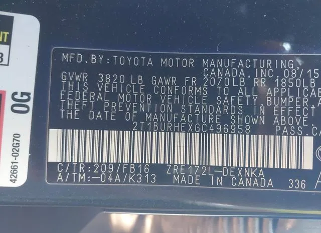 2T1BURHEXGC496958 2016 2016 Toyota Corolla- LE 9