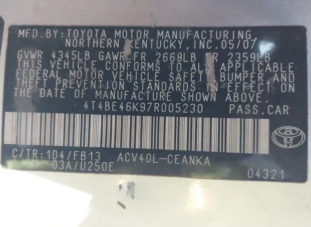 4T4BE46K97R005230 2007 2007 Toyota Camry- LE 9