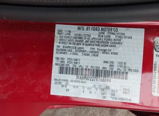 3FAHP07Z27R168094 2007 2007 Ford Fusion- SE 9