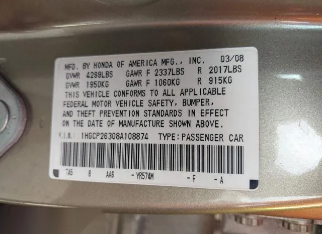 1HGCP26308A108874 2008 2008 Honda Accord- 2-4 LX 9