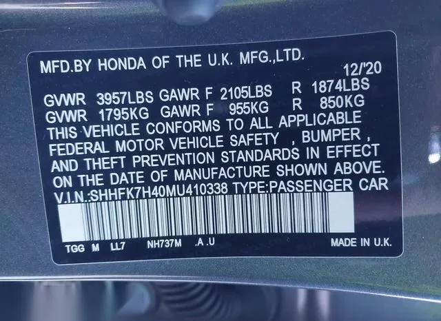 SHHFK7H40MU410338 2021 2021 Honda Civic- Sport 9