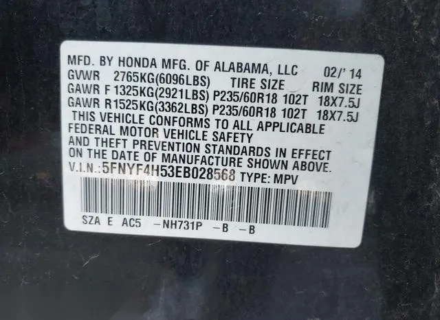 5FNYF4H53EB028568 2014 2014 Honda Pilot- Ex-L 9