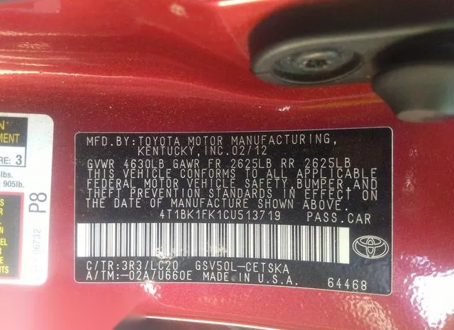 4T1BK1FK1CU513719 2012 2012 Toyota Camry- Se V6 9