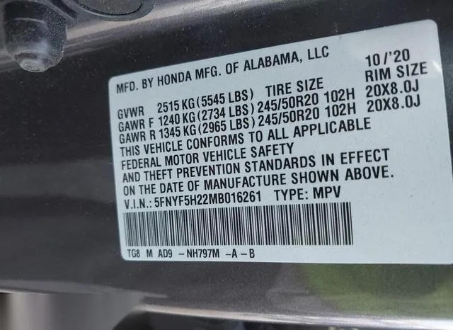 5FNYF5H22MB016261 2021 2021 Honda Pilot- 2Wd Special Edition 9