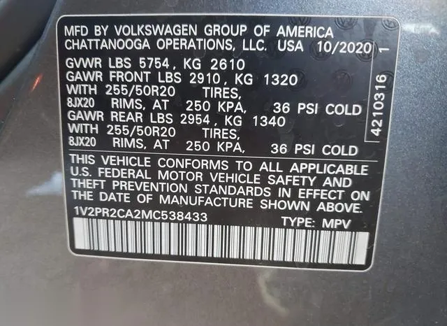 1V2PR2CA2MC538433 2021 2021 Volkswagen Atlas- 3-6L V6 Se W/ 9