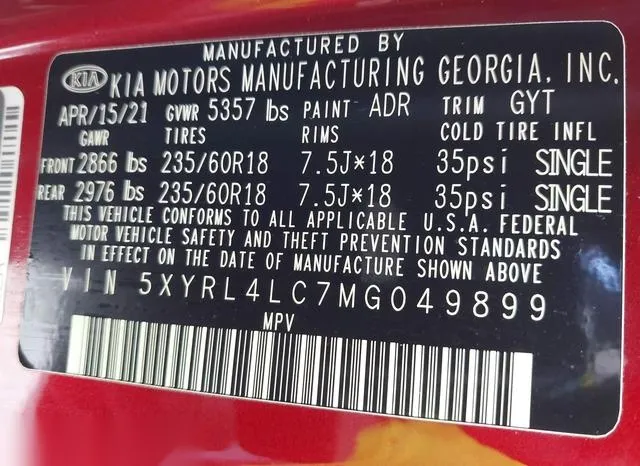 5XYRL4LC7MG049899 2021 2021 KIA Sorento- S 9