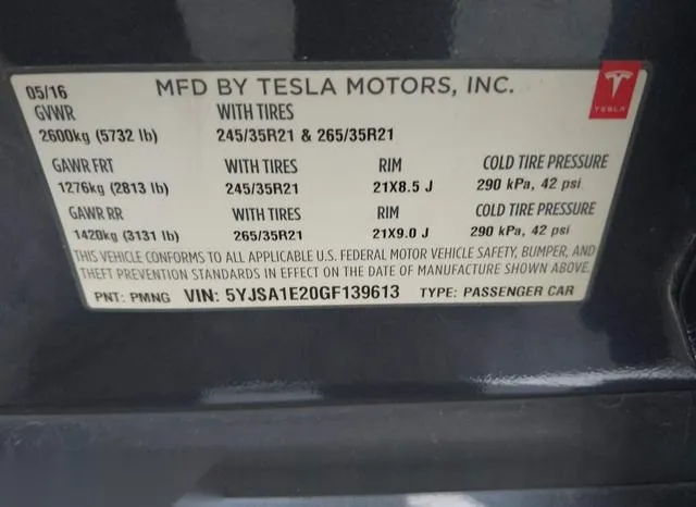 5YJSA1E20GF139613 2016 2016 Tesla Model S- 60D/70D/75D/85D/90D 9