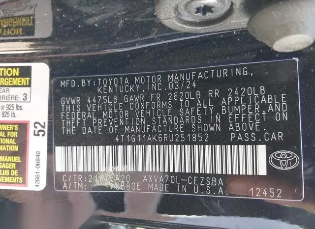 4T1G11AK6RU251852 2024 2024 Toyota Camry- SE 9