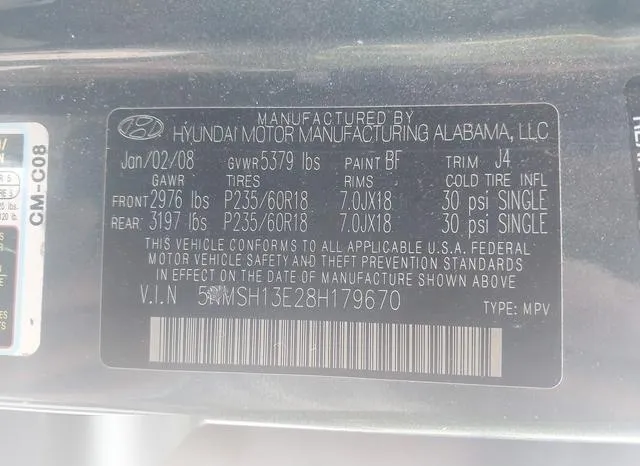 5NMSH13E28H179670 2008 2008 Hyundai Santa Fe- Limited/Se 9