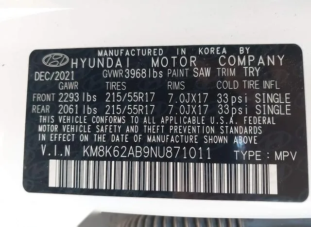 KM8K62AB9NU871011 2022 2022 Hyundai Kona- Sel 9