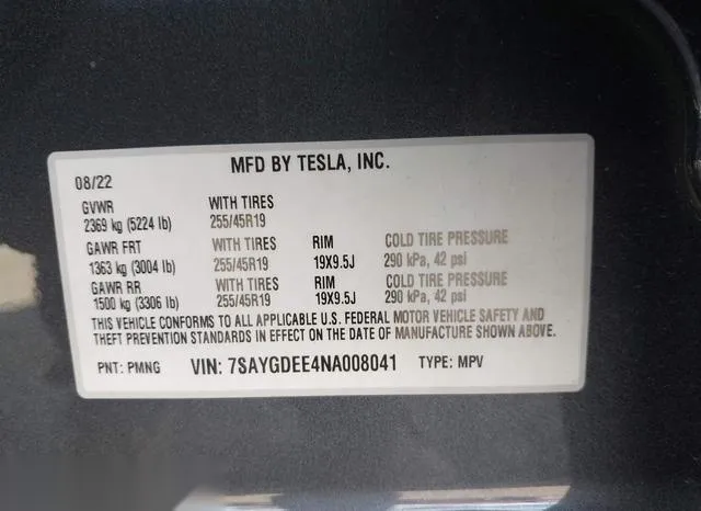 7SAYGDEE4NA008041 2022 2022 Tesla Model Y- Long Range Dual 9