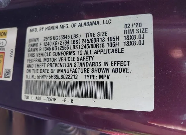 5FNYF5H39LB022212 2020 2020 Honda Pilot- 2Wd Ex 9