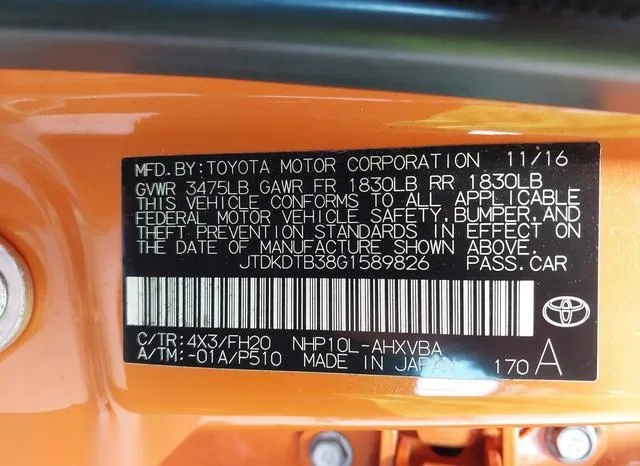 JTDKDTB38G1589826 2016 2016 Toyota Prius- C One 9