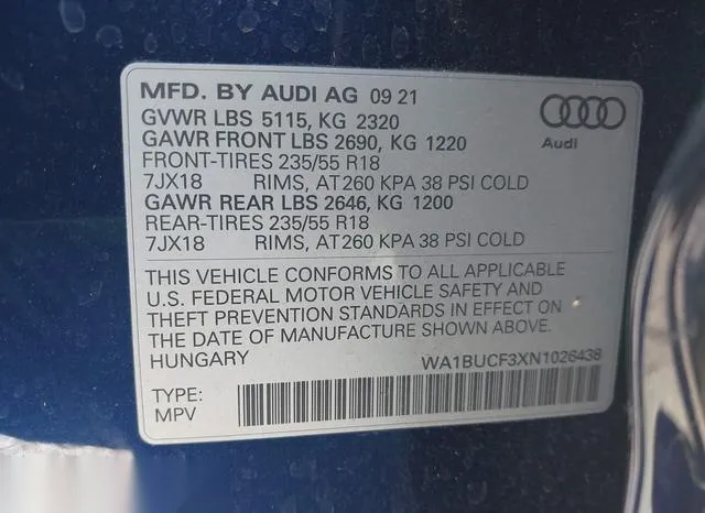 WA1BUCF3XN1026438 2022 2022 Audi Q3- Premium Plus 40 Tfsi Q 9