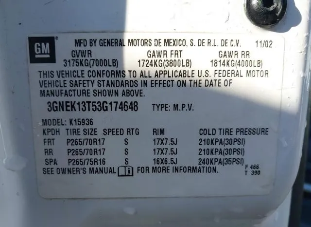 3GNEK13T53G174648 2003 2003 Chevrolet Avalanche 1500 9